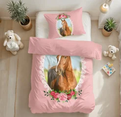 Slaapkamer|Kinderdekbedovertrekken|Ygo Dekbedovertrek CUTE HORSE 140 Roze
