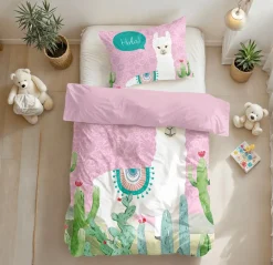 Slaapkamer|Kinderdekbedovertrekken|Ygo Dekbedovertrek HOLA LAMA 140 Roze