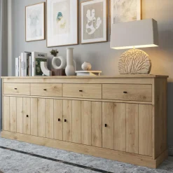 Woon- En Eetkamers|Ygo Eetkamer CASTELLO: Dressoir + Vitrinekast + Eettafel 210x98 + 4x Stoelen BARKER Natural