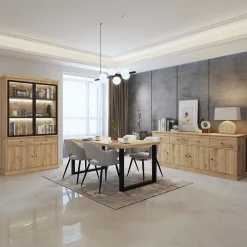 Woon- En Eetkamers|Ygo Eetkamer CASTELLO: Dressoir + Vitrinekast + Eettafel 180x98 + 4x Stoelen TOMASO Micro Cognac