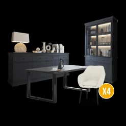 Woon- En Eetkamers|Ygo Eetkamer CASTELLO: Dressoir + Vitrinekast + Tafel 210x98 + 4X stoelen BAVO Bouclé
