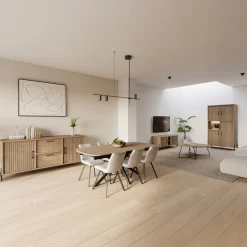 Woon- En Eetkamers|Ygo Eetkamer JAKARTA: Dressoir + Barkast + Tafel 225x100 + 4x stoelen ALICIA Touch Pearl