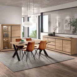 Woon- En Eetkamers|Ygo Eetkamer MACOUN: Dressoir + Glaskast + ABBEY Tafel + 4 stoelen LORRY Cognac