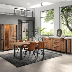 Woon- En Eetkamers|Ygo Eetkamer MADAGASCAR: Dressoir + Glaskast + Tafel 200x100 + 4 stoelen LORRY Cognac