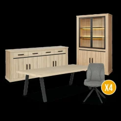 Woon- En Eetkamers|Ygo Eetkamer TEODOR: Dressoir + Vitrinekast + Eettafel ABBEY 230x100 + 4x stoelen INDIGO Mouse Grey