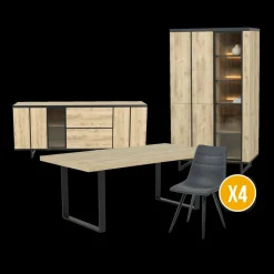Woon- En Eetkamers|Ygo Eetkamer VIKTOR: Dressoir + Glaskast + Eettafel ABBEY 200x100 + 4x Stoelen LORRY Zwart