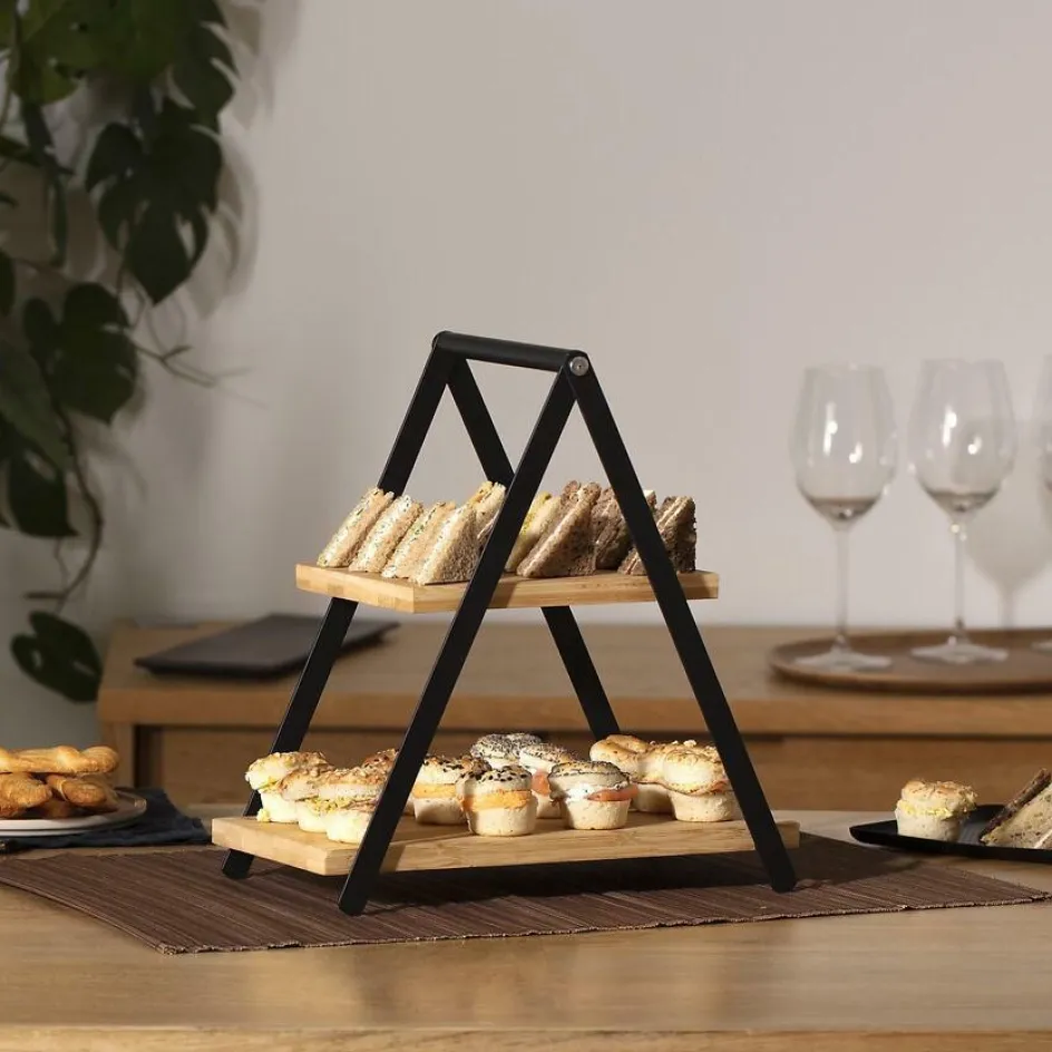 Tafelaccessoires|Servies|Ygo Etagère APRIX 2Niv. Met. Zwart/Bamboe