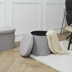 Opbergboxen|Decoratieve Opbergers|Ygo Opbergpouf DOAKA Rond Lichtgrijs