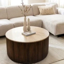 Salontafels & Bijzettafels|Ygo Salontafel MANDALA Ø90 Travertijn/Mango Donkerbruin