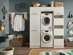 Wasruimte & Opbergkasten|Ygo Wasruimteset LAUNDRY: Bergkast + Opzetkast smal X2 + Wasmachinekast hoog + Linnenkast
